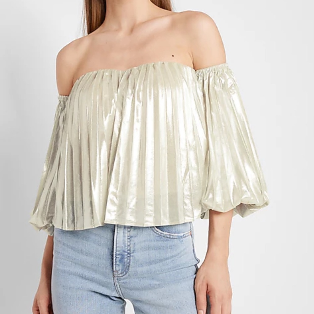 Express | Metallic Pleated Off‑the‑Shoulder Bubble‑Sleeve Top | Champagne | NWT